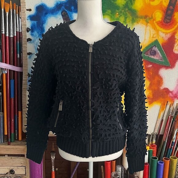 ANINE BING Black Knit Pulled Bomber Style Jacket Coat Size XS - Picture 1 of 9